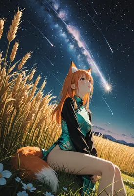 Fox Girl Gazing at Falling Stars