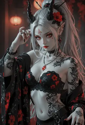 Demonic Beauty with Floral Tattoos