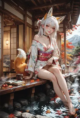 Fox Girl Relaxing in Hot Spring