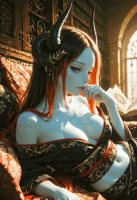 Demon Scholar Relaxing in Library