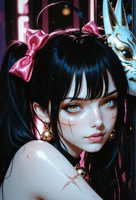 Neon Kitsune Girl with Bell Earrings