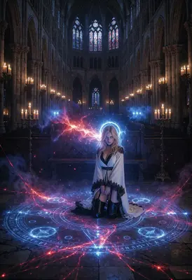 Sorceress Kneeling in an Ancient Cathedral