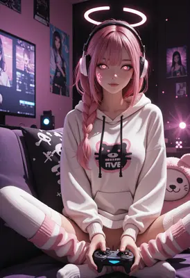 Pink Haired Gamer Girl With Halo