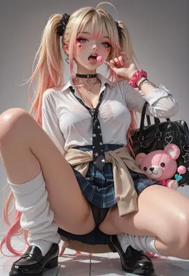 Playful Schoolgirl with Pink Teddy Bear