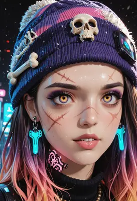 Cyberpunk Girl with Skull Beanie