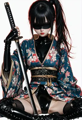 Blindfolded Samurai in Floral Latex Kimono