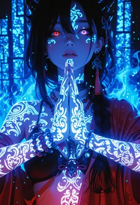 Neon Shrine Maiden in Prayer