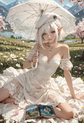 Elf Girl Resting in Spring Meadow