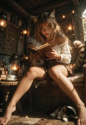 Fox Girl Reading by Lantern Light