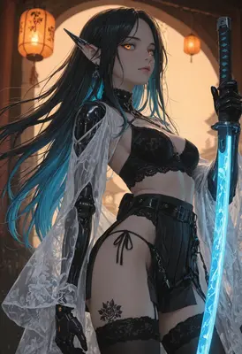 Cyborg Elf Warrior with Glowing Blade