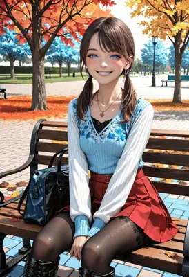 Cheerful Schoolgirl Sitting on Park Bench