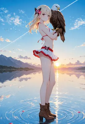 Blonde Girl With Eagle at Sunset
