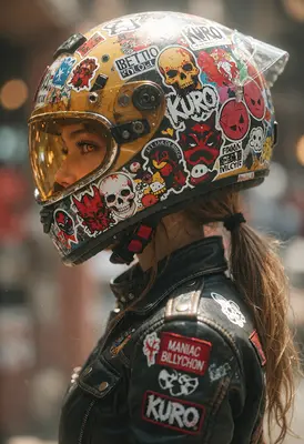 Biker Girl With Sticker Covered Helmet