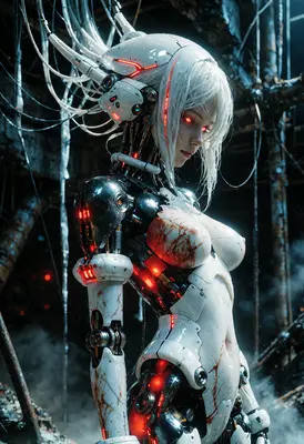 Damaged Cyborg in Ruined Facility