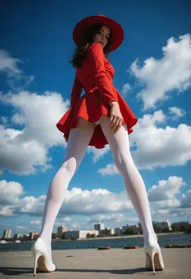Woman in Red Against Blue Sky