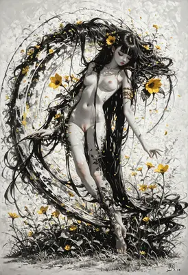 Ethereal Maiden Amidst Black Ink Flowers