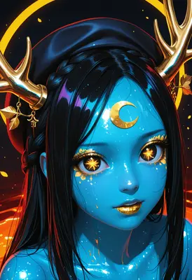 Celestial Blue Goddess with Golden Antlers
