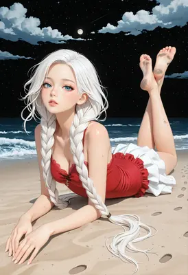 White Haired Girl Resting on Beach