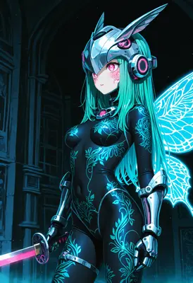 Cybernetic Fairy Warrior with Glowing Blade