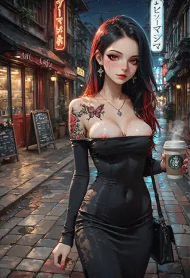 Evening Stroll in a Neon Alley