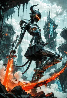 Horned Cybernetic Knight in Floating Ruins