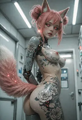 Cybernetic Kitsune with Floral Tattoos