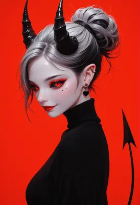 Elegant Demon Girl in Black Turtleneck