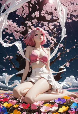 Pink Haired Girl Under Sakura Tree