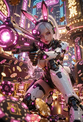 Cybernetic Bunny Girl in Neon Casino