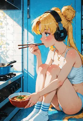 Blonde Anime Girl Eating Ramen
