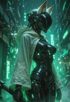 Cybernetic Fox Warrior in Neon Rain