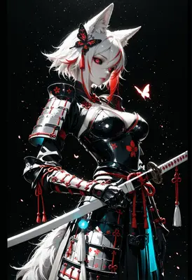 White Fox Samurai with Crimson Accents