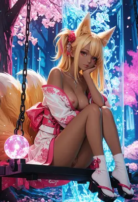 Kitsune Maiden Resting on a Swing