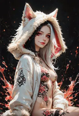 Fox Girl with Rose Tattoos