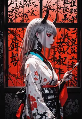 Oni Calligrapher in Traditional Kimono