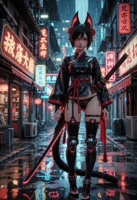 Cybernetic Fox Warrior in Neon Alley