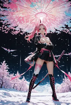 Sakura Blade Under Pink Umbrellas