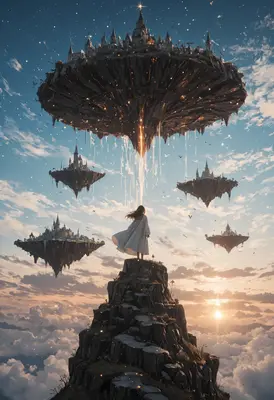 Girl Watching Over Floating Sky Kingdoms