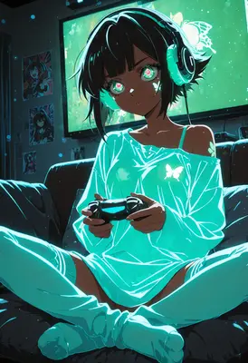 Gamer Girl in Neon Butterfly Glow