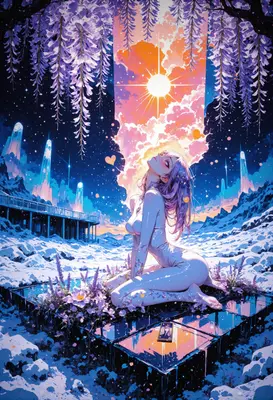Celestial Maiden Beneath Wisteria Blooms
