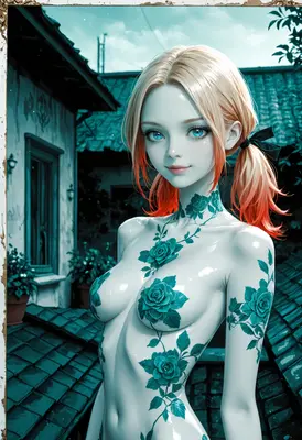 Girl Adorned in Blue Rose Tattoos