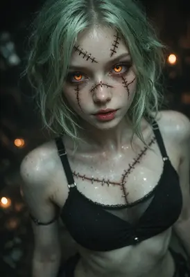 Stitched Soul with Glowing Amber Eyes