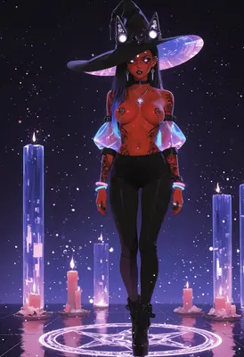 Neon Witch in Pentagram Circle