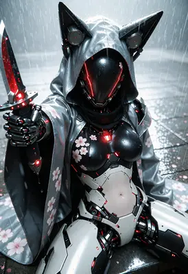 Cybernetic Assassin in Cherry Blossom Rain