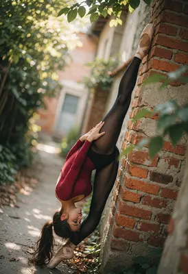Graceful Ballerina Stretching Against Brick Wall
