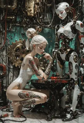 Tattooed Woman With Her Cybernetic Companion