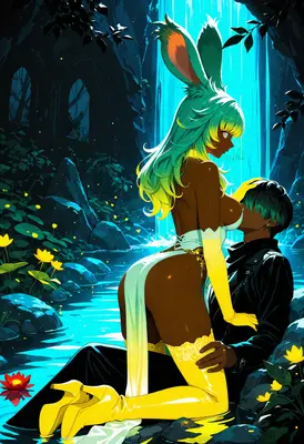 Neon Bunny Girl and Lover at Waterfall