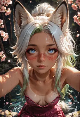 Fox Girl Refreshing in Spring Pond