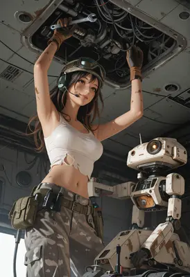 Skilled Mechanic Repairing Her Robot Companion