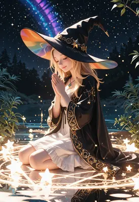 Starlight Witch Praying Under Night Sky